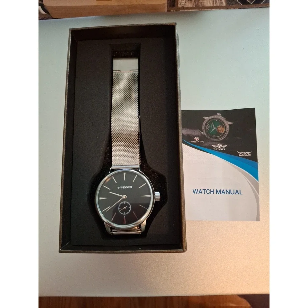 NIB Forsining T-Winner Silvertone Mens Watch.Hand Wind Mechanical ,Mesh Band.